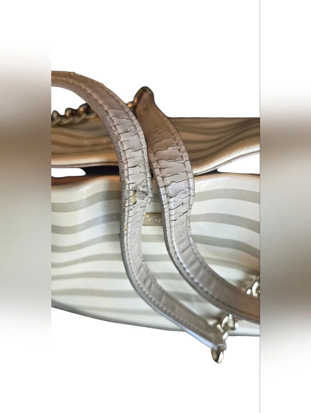 ​Kate Spade Striped Patent Leather Tote Chain Shoulder Bag Cream Beige